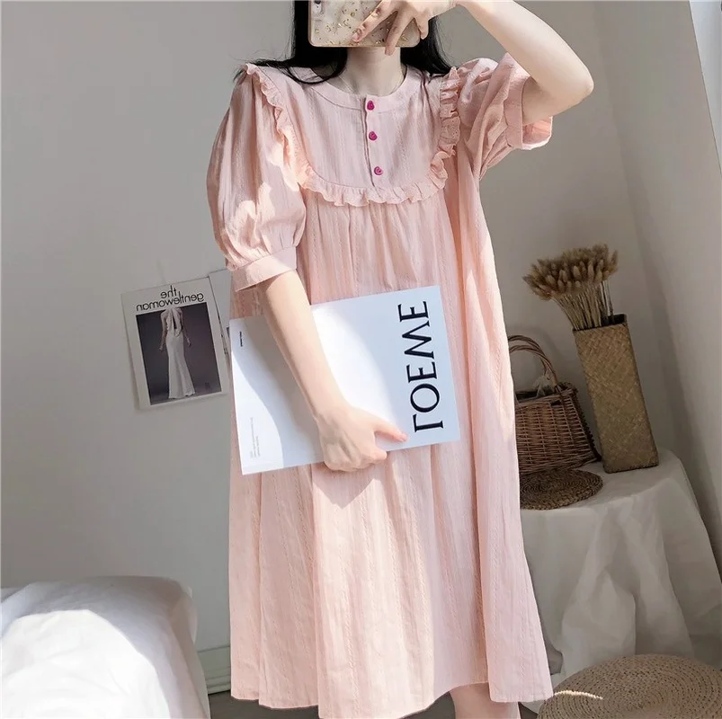 2022 Summer Women's Kawaii Pajamas Nightdress Cotton Floral O-neck Thin Night Gown Homewear Vestidos Women Sleepwear Maxi Dress