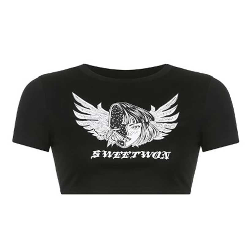 

Women Short Sleeve Crop Top Harajuku Anime Girl Angel Wing Graphic Slim T-Shirt