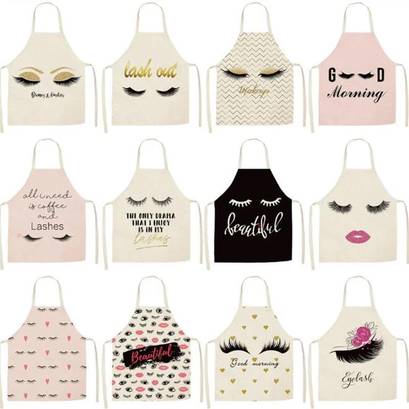 

1Pcs Eyelash Printed Cleaning Art Aprons Sleeveless Home Cooking Kitchen Apron Cook Wear Cotton Linen Adult Bibs Two Sizes