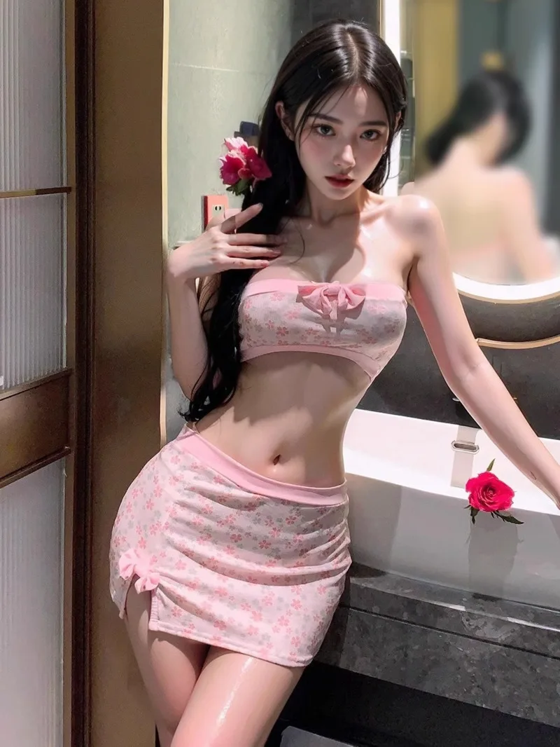 Без бретелек с бантом сексуальный комплект разрезом и сломанными цветами юбка на