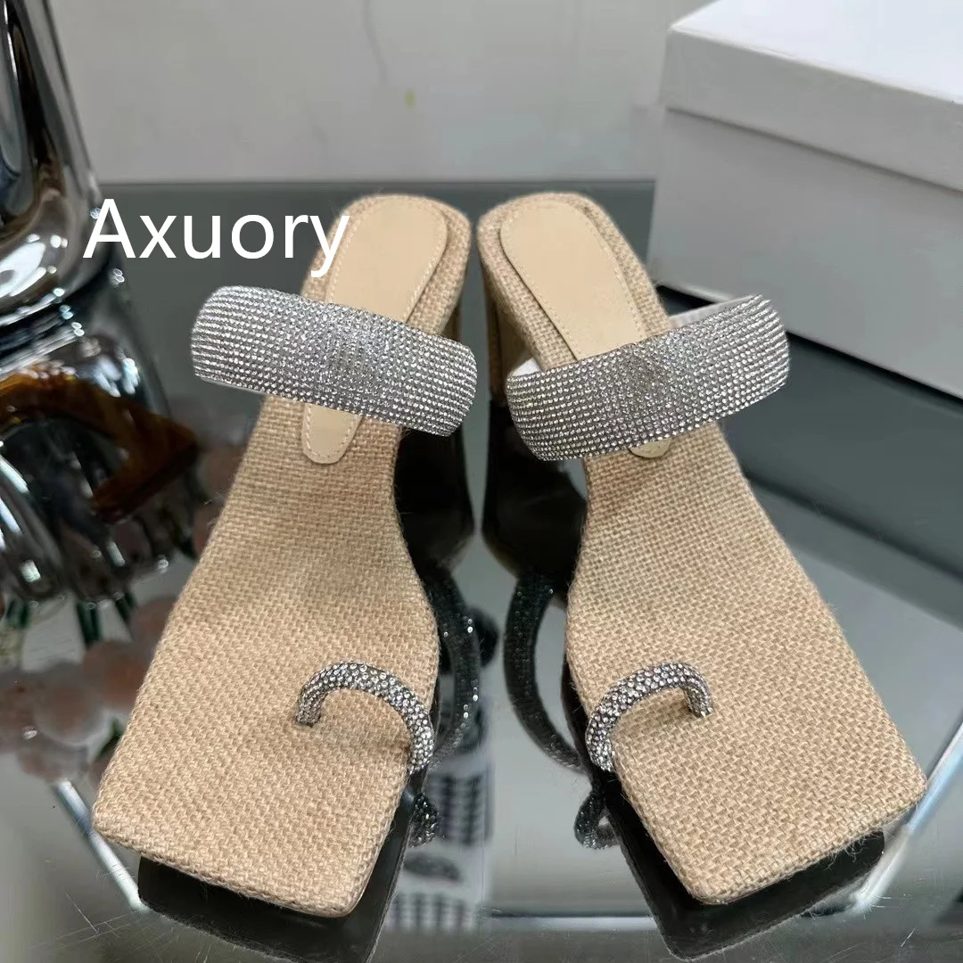 2023 New Women Sandals Genuine Leather Thick Heel Sexy Water Diamond Hollow Strap Square Toe High Heels