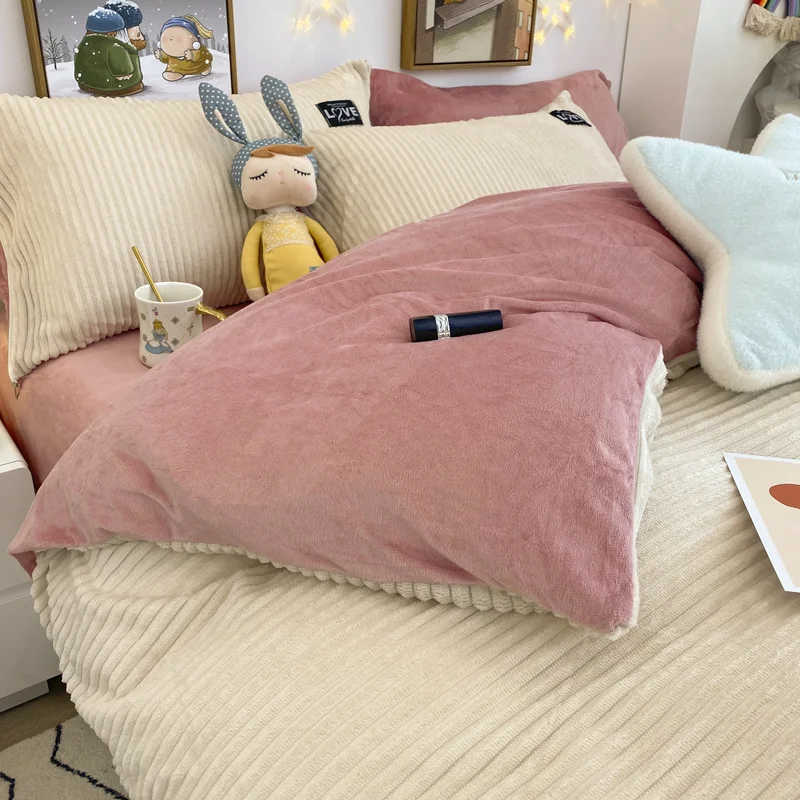 

Flannel Four-Piece Winter Milk Fiber Coral Fleece Double-Sided with Quilt Cover Magic Rhinestone Velvet Bed Sheets