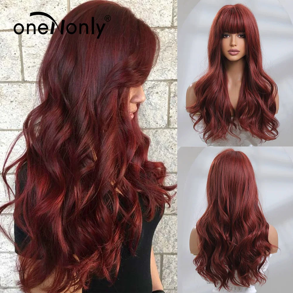 

oneNonly Synthetic Wig with Bangs Long Wave Dark Red Wigs for Women Daily Lolita Party Natural Hair Heat Resistant