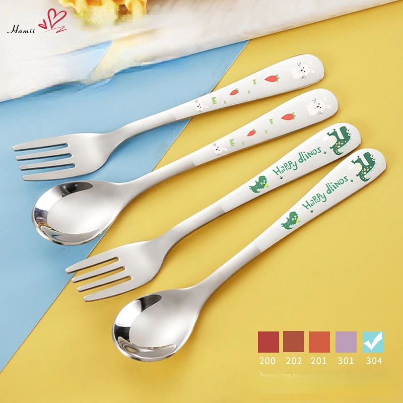 

Детская Ложка-вилка из нержавеющей стали, мультяшная машинка, кролик динозавра, милая вилка для детей, столовая посуда для детей
