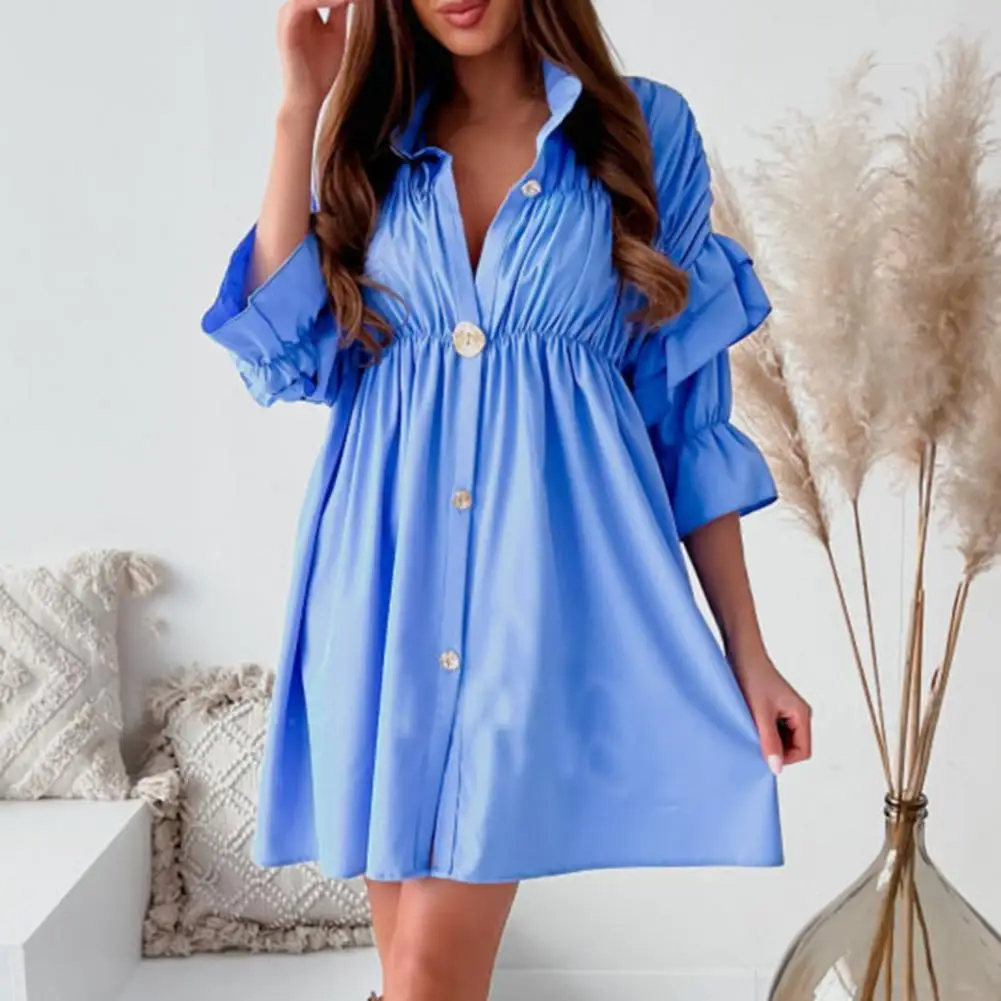 

robe femme été Shirt Dress Shirring Large Hem Petal Sleeves Shirring Summer Elegant Buttons Mini Dress dresses for women 2022