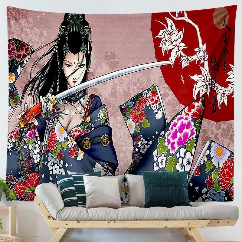 

Tapiz Hippie mito japonés para colgar en la pared, Alfombra de pared con grulla Geisha, tapiz psicodélico, decoración estética
