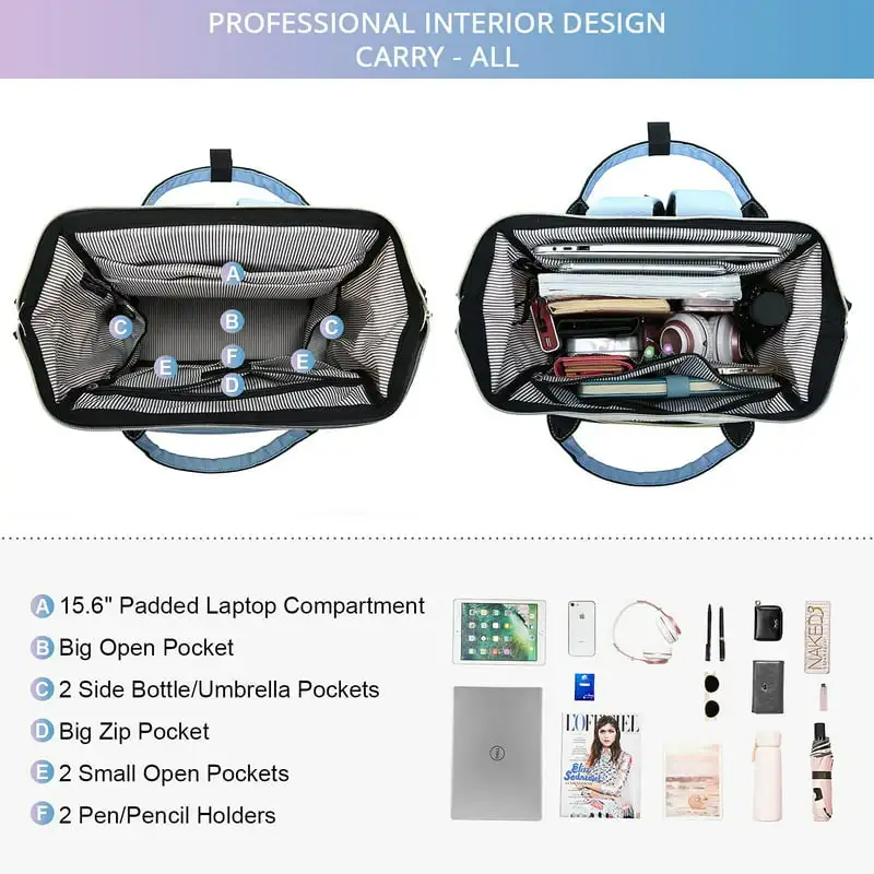 

Elegant Beige+Light Blue Women Work Laptop Bag 15.6", Computer Bag Teacher Nurse Waterproof Backpack Purse with USB, Travel Coll