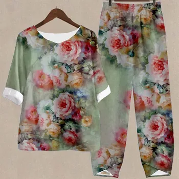 Spring Elegant V-Neck Ethnic Floral Blouse Top With Long Pants Outfits Bohemian Women'S Two Piece Set Summer Loose Sports Suits 1