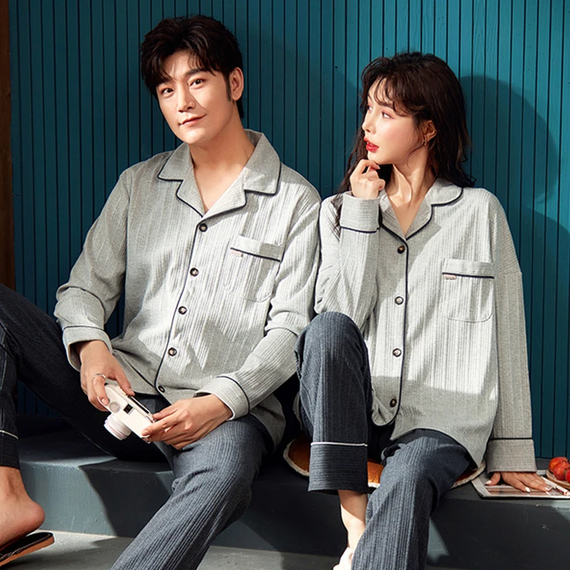 QUHENG Women's Pajamas Set Autumn Winter Long Sleeved Trousers Print Sleepwear Cotton Couple Home Clothes Nightwear for Men