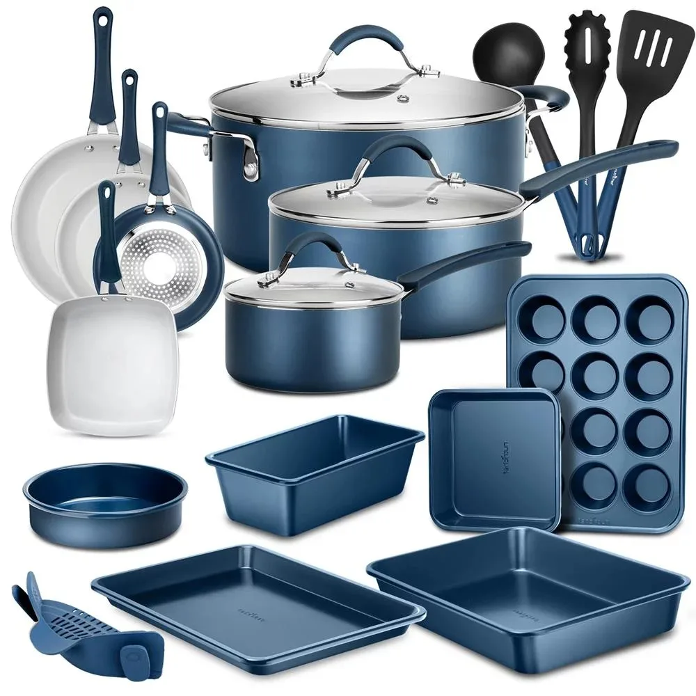 

20 Piece Non-stick Cookware and Bakeware Set - Heat Resistant Silicone Handles, Blue Pot