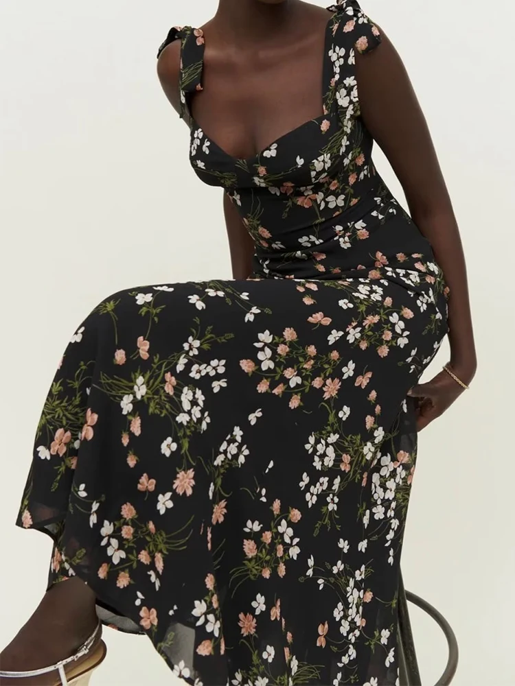 

Summer Women French Style Vintage Floral Print Chiffon Dress Sexy Sleeveless A-line Slim Ladies Holiday Dress Midi Robe