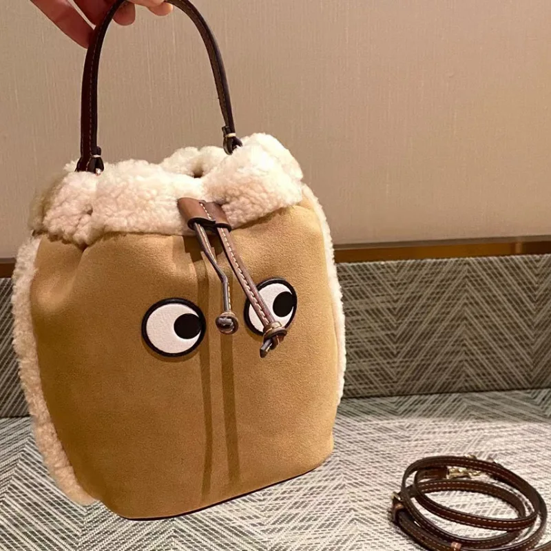

Bucket bag fall and winter models suede plush leather genuine cowhide eyes handbag crossbody shoulder bag