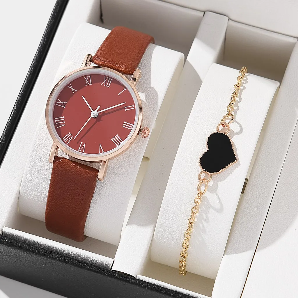 2PCS Women Watch Luxury Elegant Alloy Watch PU Leather Strap Wristwatch For Ladies Quartz Watch Black Heart Bracelet NO BOX