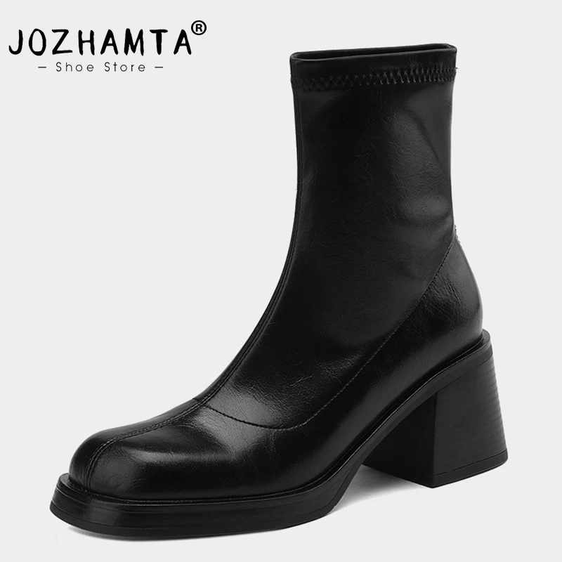 

Ботильоны JOZHAMTA женские на толстом высоком каблуке, Кожаные эластичные ботинки в стиле ретро, повседневная обувь для офиса, зимние, размеры 34-40