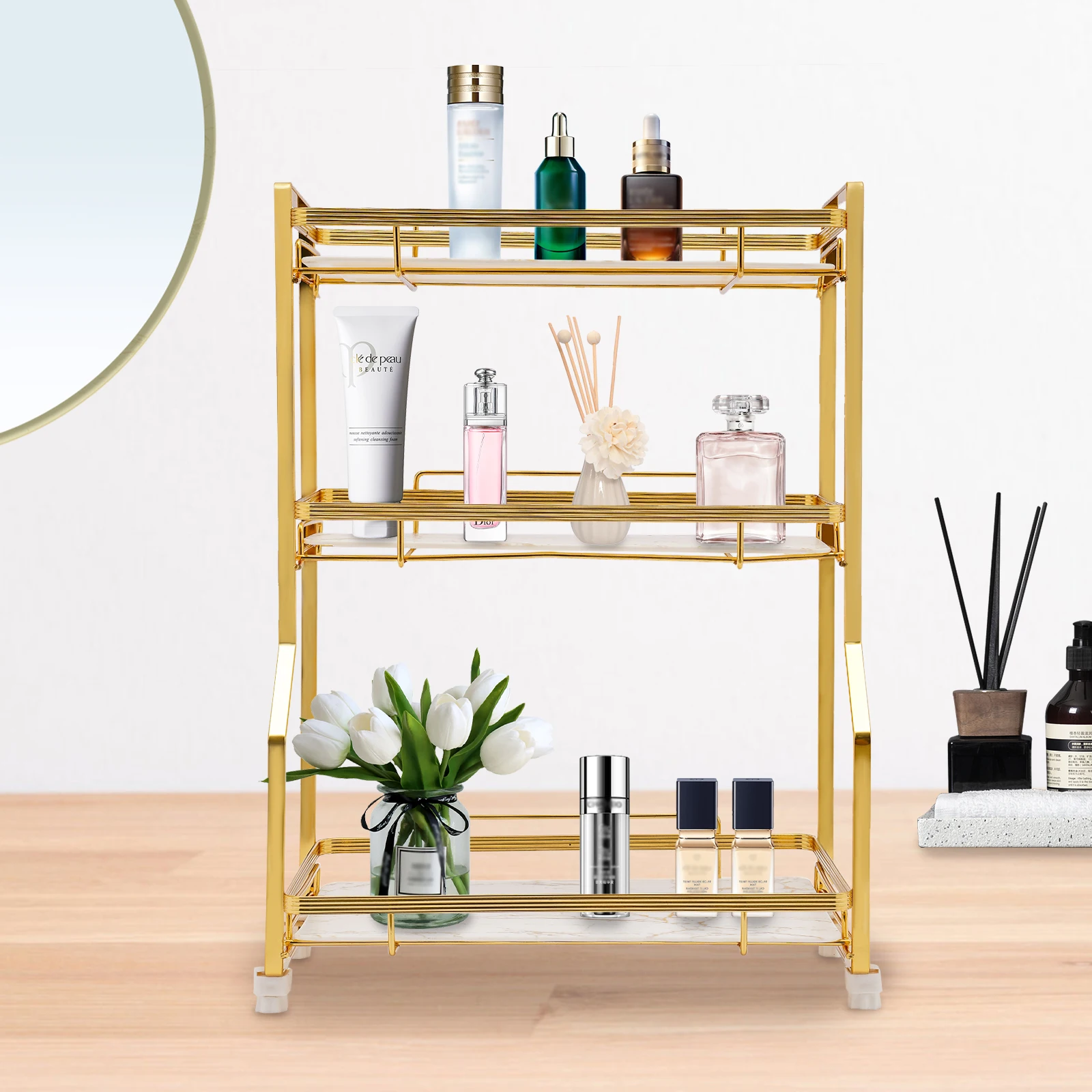 

3 Tier Bathroom Countertop Organizer Gold Bathroom Vanity Counter Organizer With Small Storage Basket For Skincare Makeup