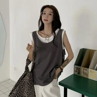 women vest o neck sleeveless loose bottom shirt female tank top fake two piece vest ladies solid pullovers casual tank top a49