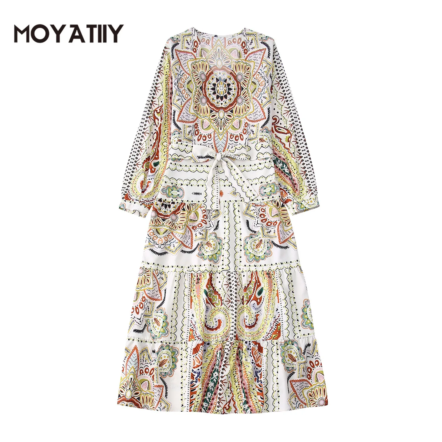 

MOYATIIY Women 2022 Fashion Spring Dress Folk-custom Floral Print Mystery Pattern Midi Dresses with Slash Female Vestidos