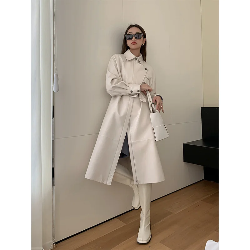 

Autumn and Winter 2022 New style Commuter Versatile Waist Slim Women's Leather Sheepskin Leather Long Windbreaker Women