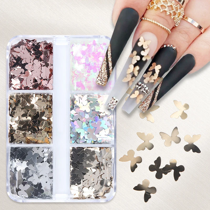 

6 Grids Butterfly Nails Sequins Holographic Glitter Decorations Manicure Accessory Flakes Laser Design 3D Nail Charms Ornaments
