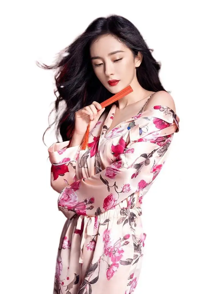 Women's Ice Silk Printed Pajamas Short Sleeve Suit Night Sleeping Wear Peony Satin Lapel Long Sleeve Pajamas Home Clothes