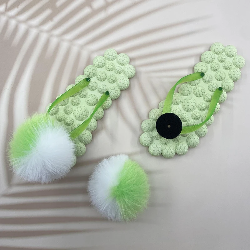 Women Flip-flops Summer Female 100% Natural Fox Fur Pom Pon Soft House Slippers 2022 Ladies Luxury Flat Beach Slides Women