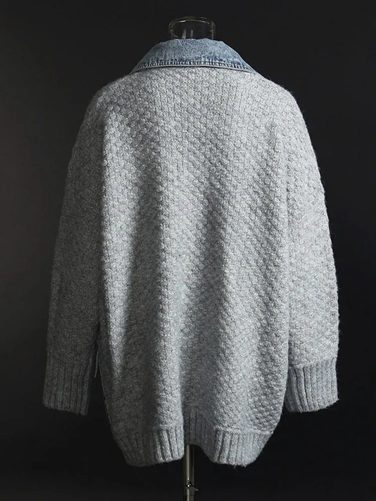 [EAM] Свободная вязанная джинсовая куртка большого размера Новое Женское пальто с