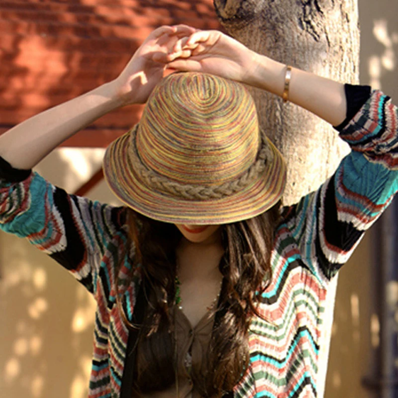 

Women Woven Straw Hat Summer Beach Sun Visor Hats Bohemian Breathable Cool Basin Cap Female Color Retro Cowboy Caps Travel Gift