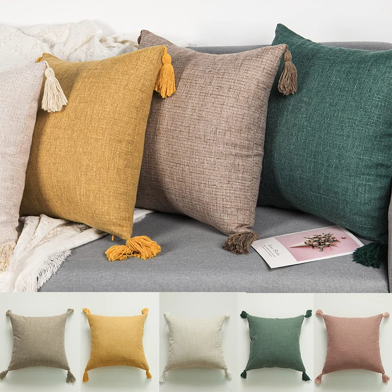 

Solid Linen Pillow/Cushion Covers European With Tassels Throw Pillow Sham 18x18 Home Decor Square Decorative for Couch Kids Bed