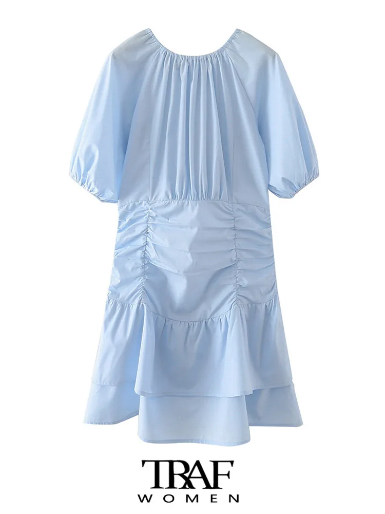 

TRAF Women Fashion With Bow Tied Pleated Mini Dress Vintage Backless Zipper Short Sleeve Female Dresses Vestidos Mujer