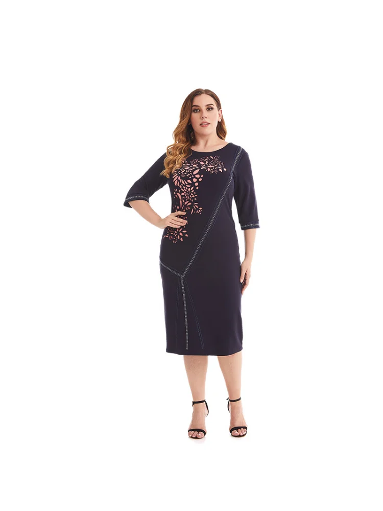 New Summer Oversized Women's Wear Splice Burnt Flower Hot Diamond French Dress plus size dresses