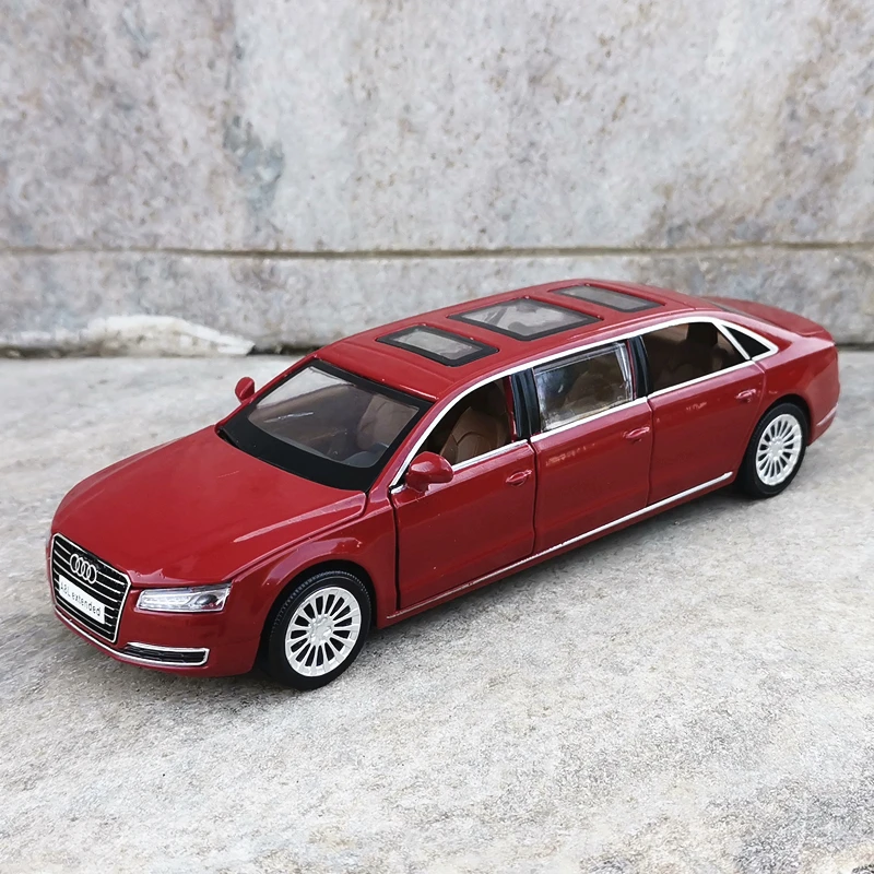 

Удлиненная модель автомобиля AUDI A8 версии 1/32, модель автомобиля из сплава, литой металлический игрушечный автомобиль, модель имитации звука ...