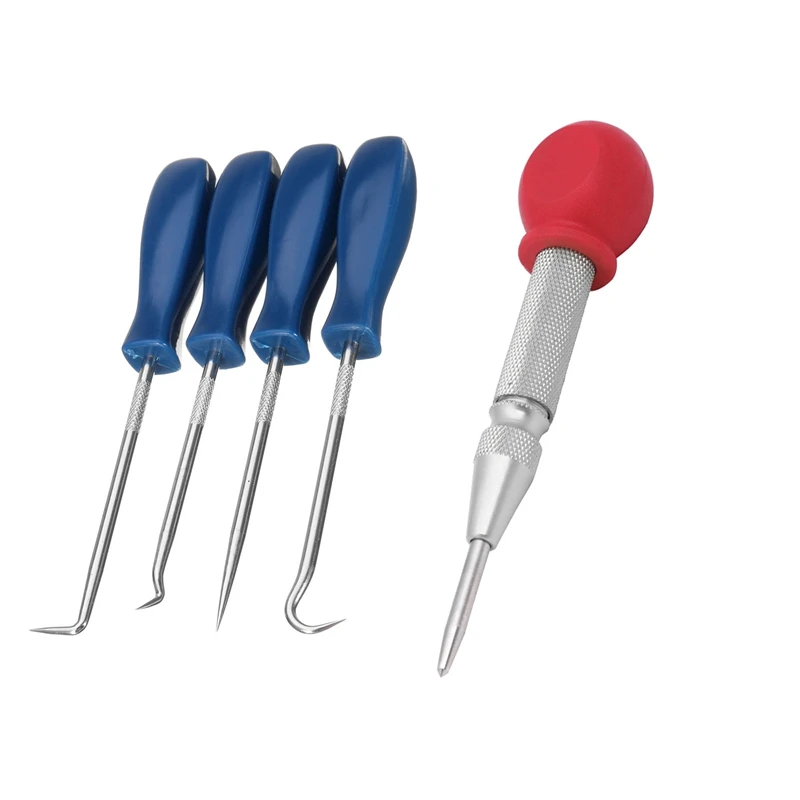 

5 Pcs Tools: 4Pcs Pick And Hook Set O Ring Oil Seal Gasket Puller Remover & 1Pcs HSS Center Punch Stator Punching Pin