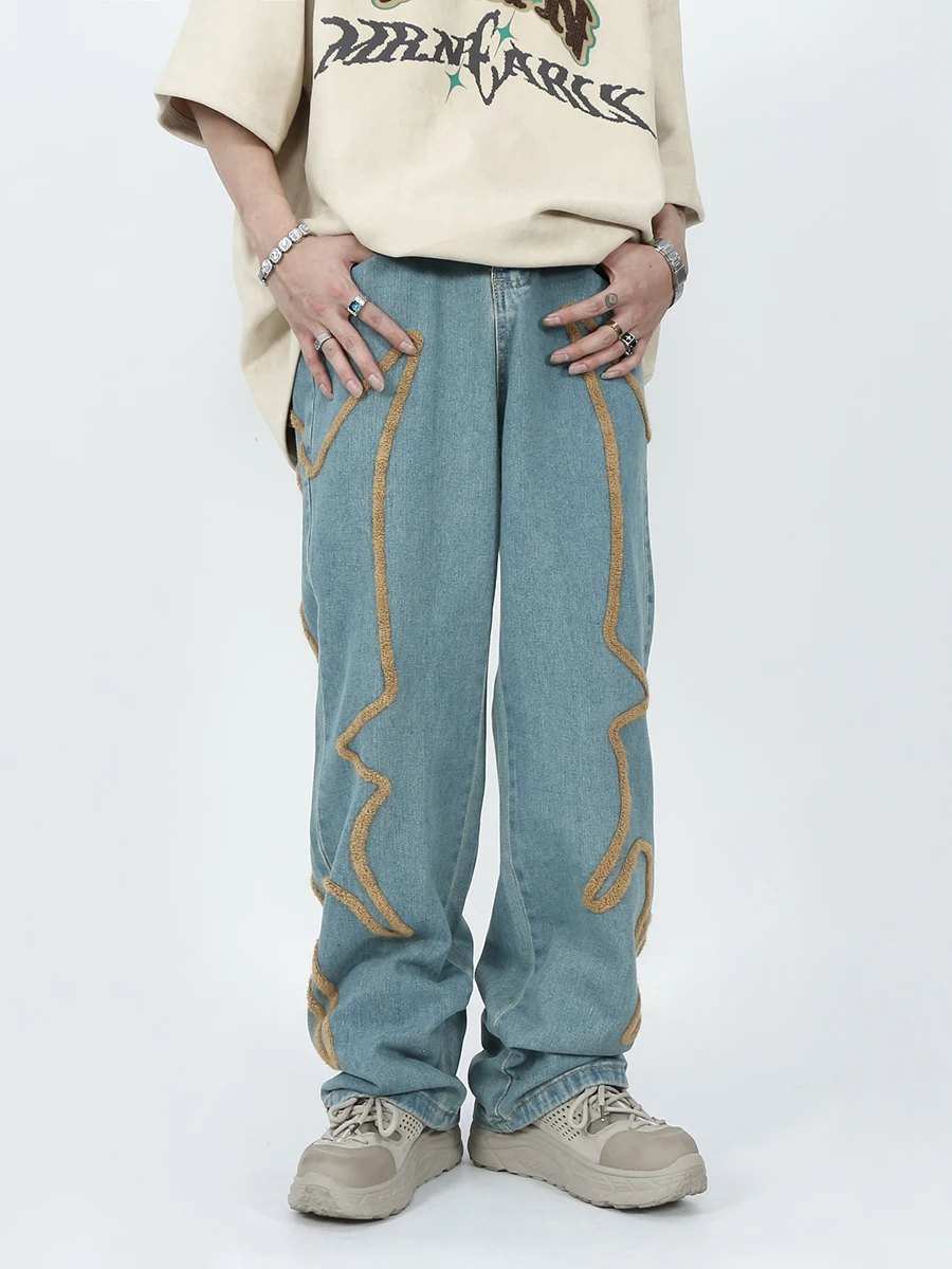 

Four Seasons Men's Jeans Flocking Embroidery Design Straight High Street Loose Casual Wide Leg Pants Streetwear Men Ins Hot Sale