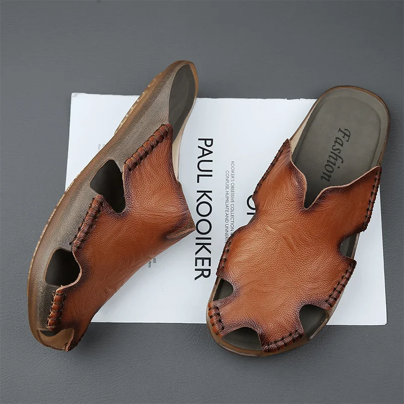

Summer Men's sandals Outdoor beach Genuine Leather slippers open-toe sandals Roman shoes summer casual shoes big size：38-48