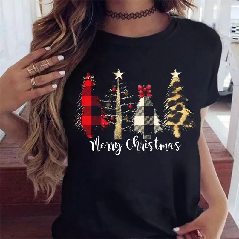 

Christmas Women T Shirt Fashion Leopard Plaid Tree Print Tshirt Cute New Year Tops T Shirt Ladies Graphic Female Tee Shirt