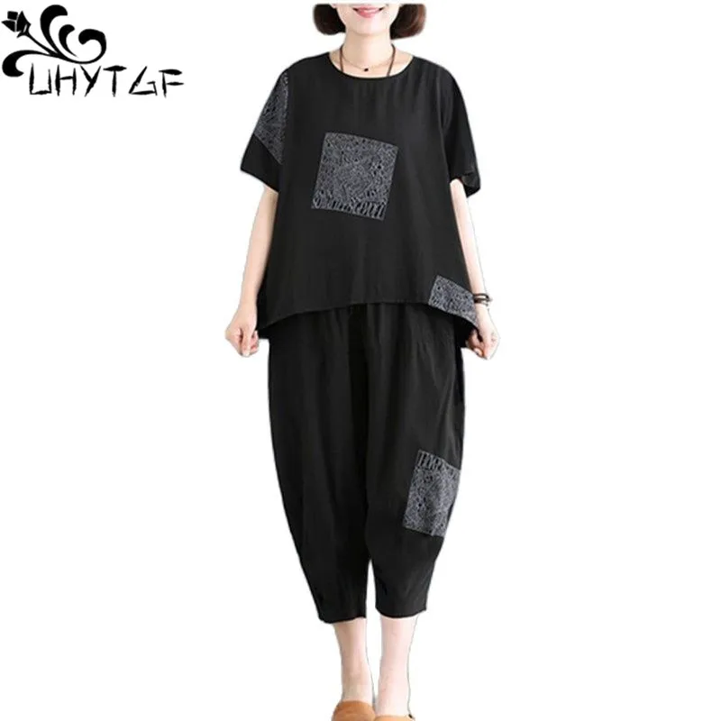

UHYTGF Mom Summer Suit Black Short Sleeve Pullover Top+Pants Casual Women Two Piece Set Loose Female Tracksuit Thin Outfits 5XL5