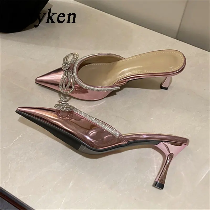 

Eilyken/элегантные женские туфли без задника на низком тонком каблуке с узлом-бабочкой; Туфли без застежки с острым носком; Модельные женские туфли-лодочки
