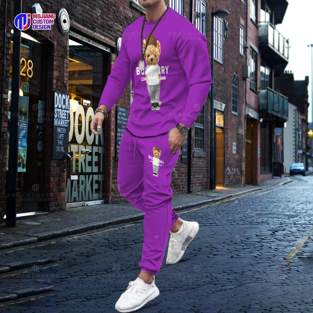 Hot Sale Korean Printed Bear Long Sleeve T-Shirt Trousers Set Men Luxury 2 Piece Set Streetwear Summer Quality Sportswear