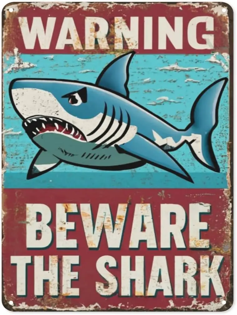 Vntge Sgn 8x12 nch Metl Wll Decor Funny Retro Bewre of the Shrk для дома Ktchen Br Pub Grge Bthroom Decorton