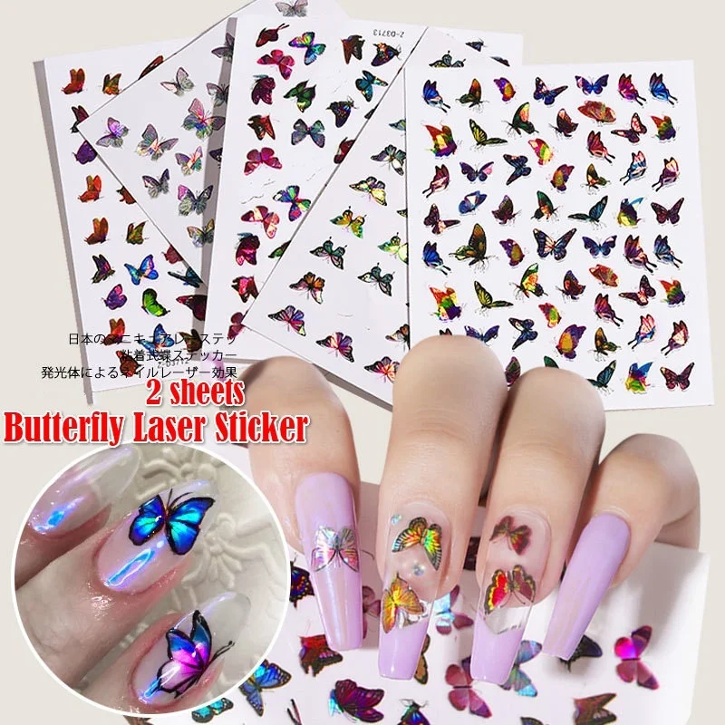 

2 листа имитация ногтей Лазерная Бабочка Наклейка 3D стикер водонепроницаемый милый