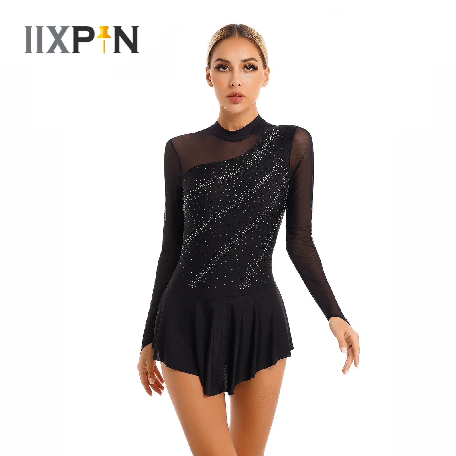 

Womens Adults Ballet Dance Dress Figure Skating Leotards Dresses Glitter Sheer Mesh Long Sleeve Gymnastics Lyrical Dancewear