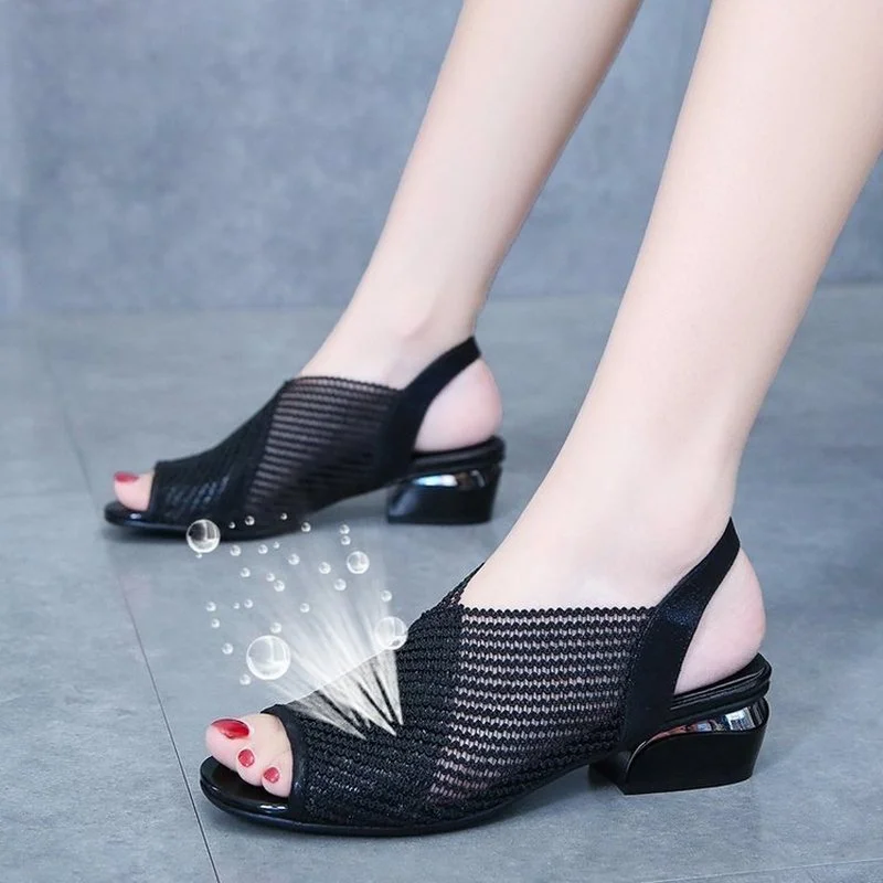 

2022 Women Sandals Fashion Thick Heel Peep Toe Women's Shoes Mesh Breathable Sandals Ladies Plus Size Girls Summer Sandals