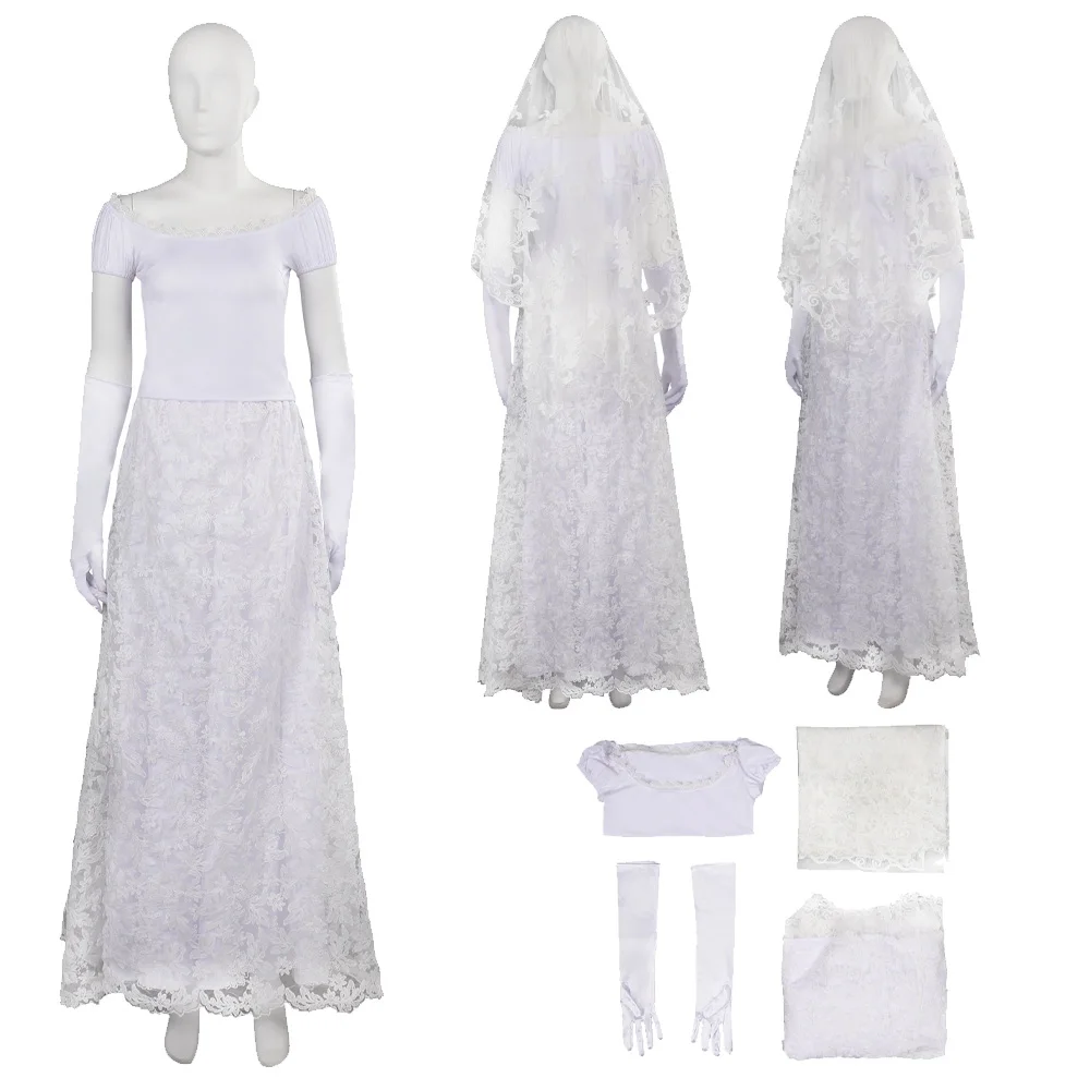 

Movie Haunted Cos Mansion Ghost Bride Cosplay White Wedding Dress Costume Outfits Women Girls Halloween Carnival Party Role Suit