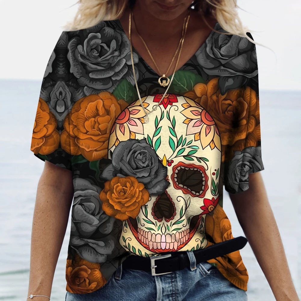2022 Cotton Skull T-shirt Women's Shirt Fashion Short Sleeve New Casual Top Tee Ladies Girl Clothing V Neck T Shirt For Women images - 6