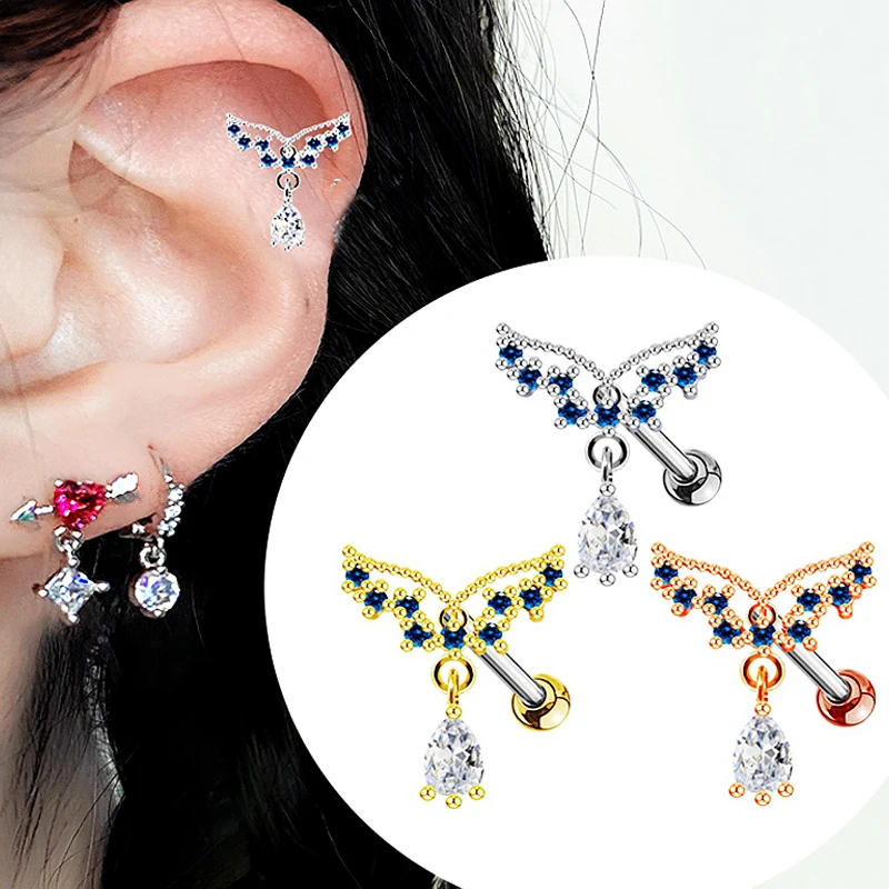 

20G Wings Heart Helix Earrings Cartilage Barbell Industrial Piercing Daith Conch Studs Tragus Jewelry Zircon Dangle Helix Pierc
