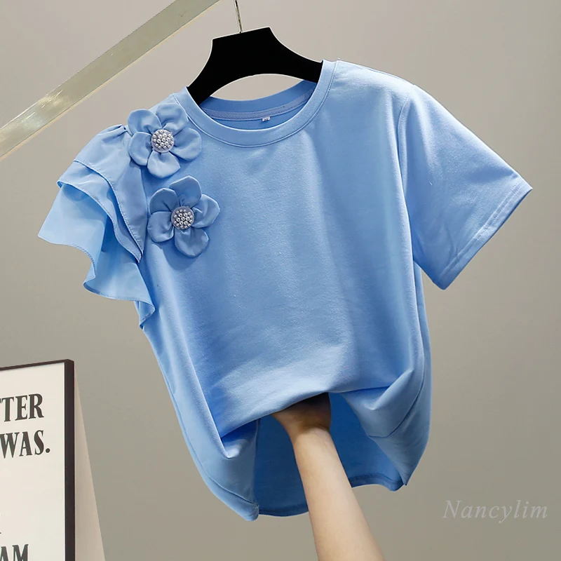 

2022 Summer Woman's T-Shirts New Beads Three-Dimensional Flower Decoration Single-Side Ruffled Stitching Tops Blue Tees