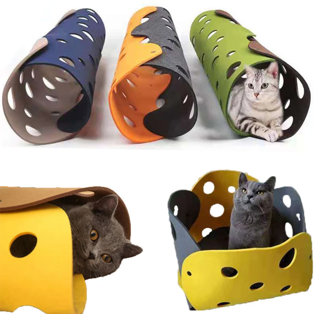 Cat Toy Felt Pom Splicing Cat Tunnel Deformable Kitten Nest Collapsible Tube House Tunnel Interactive Pet Toy Cat Accessories