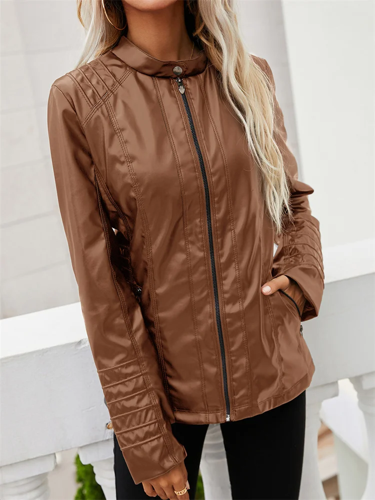 Leather Jacket Women Brown Fashion Short Slim 2022 Spring Autumn New Solid Color Long Sleeve PU Coat Faux Leather Moto Clothing enlarge