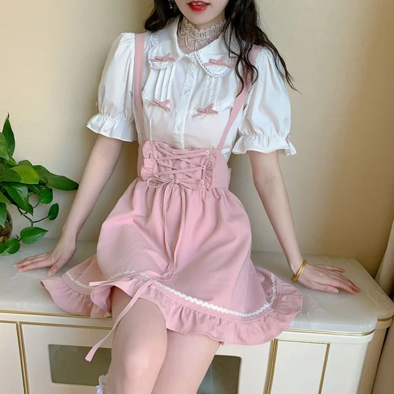 

Summer New Girls Sweet Academy Style Pink Two Piece Dress Set Japanese Womens Strap Cute Short Skirt Suit Women Dresses Female