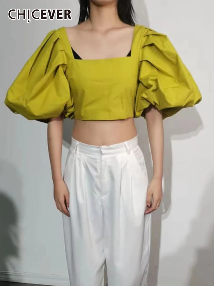 

CHICEVER Puff Short Sleeve Short Tops For Women Square Collar Solid Elegant Blouse Female Fashion New Clothing 2022 Clothing